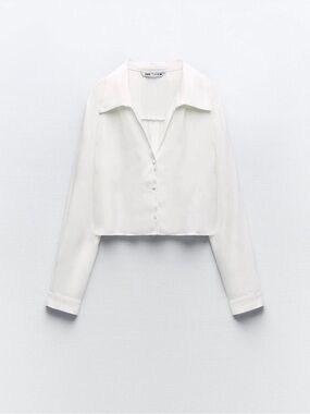 Zara White Satin Cropped Button-Up Blouse